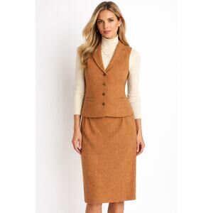 1980s Charlotte Ford II Camel Herringbone Wool Vest & Skirt Set Small